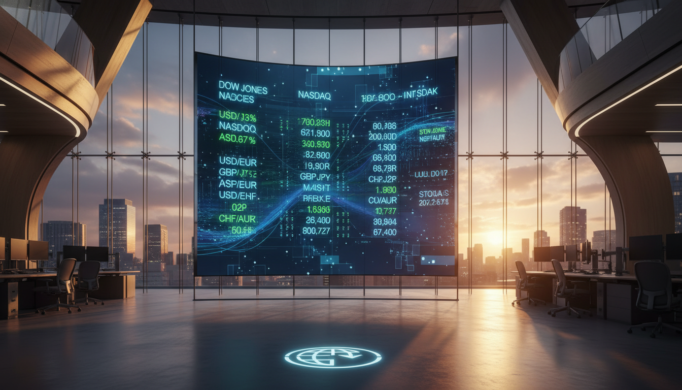 A wide-angle, photorealistic shot of a modern, glass-walled central bank interior at sunset, reflecting a digital board showing stable global financial indices and currency exchange rates in sharp focus.