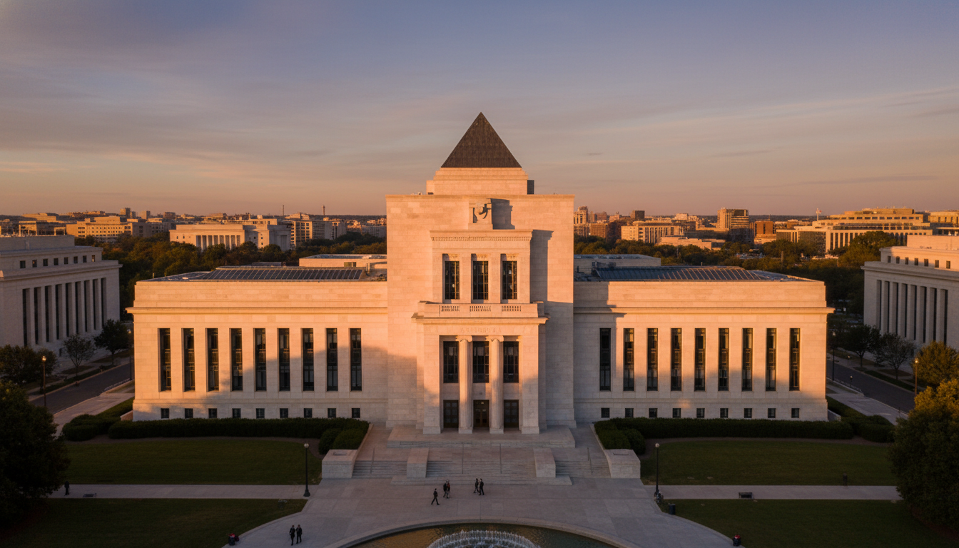 A high-angle professional photograph of the Federal Reserve building in Washington D.C. at sunset, symbolizing institutional stability and economic foresight, sharp focus, cinematic lighting.