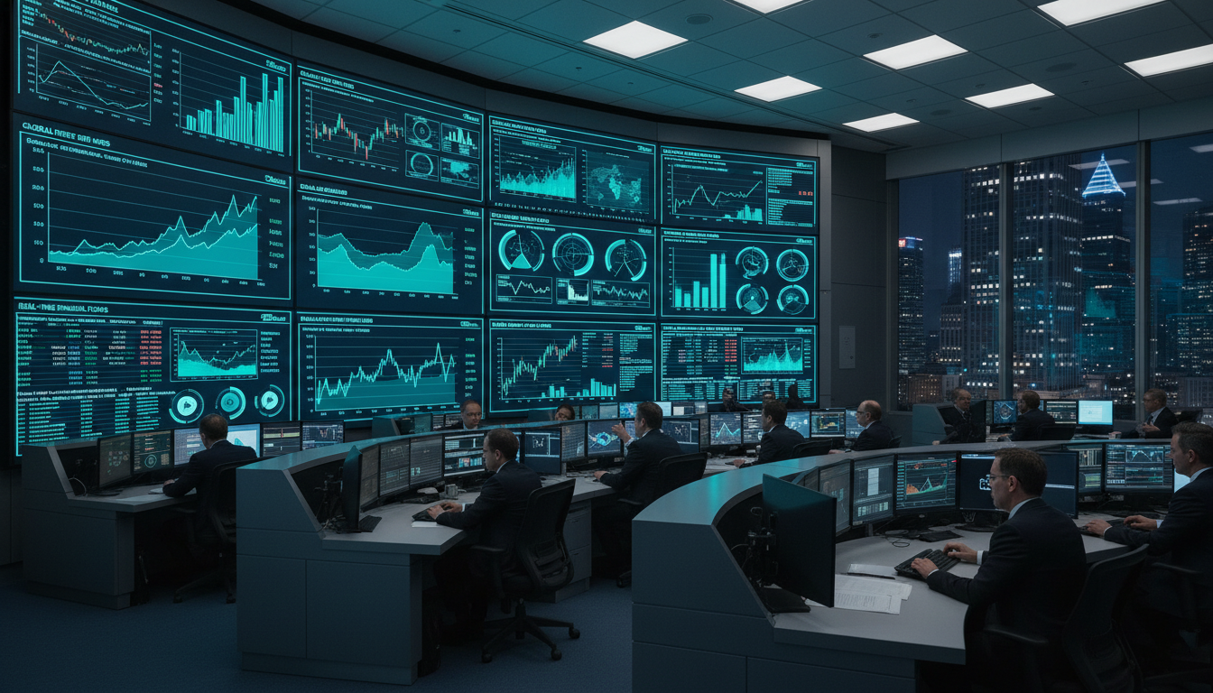A wide-angle, photorealistic shot of a modern central bank's high-tech monitoring room with large glowing screens displaying global interest rate indices and complex financial data charts in a professional atmosphere.