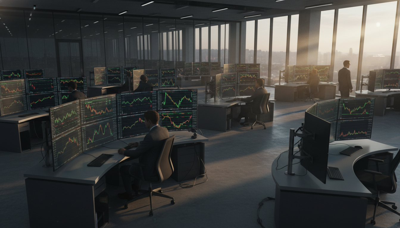 A professional high-resolution wide-angle shot of a modern financial trading floor with multiple monitors displaying complex green and red line graphs representing global interest rate trends, cinematic lighting, photorealism.