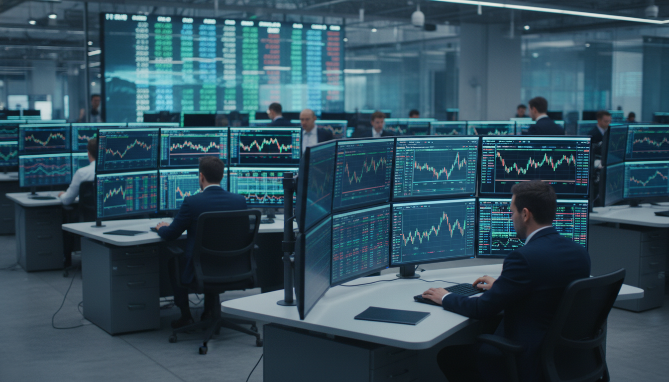 A high-resolution, photorealistic image of a modern financial trading floor with multiple glowing monitors displaying complex blue and green line graphs and market data, with professional traders in descriptive business attire in the blurred background.