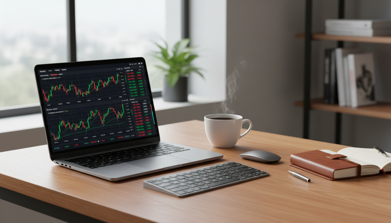 A professional and clean workspace with a high-end laptop showing financial analytics and stock market trends on the screen, a cup of coffee, and a leather-bound notebook on a wooden desk, soft morning light coming through a window.