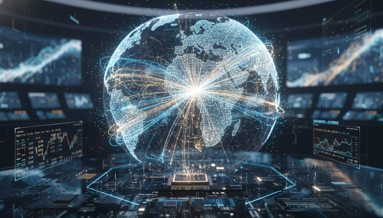 A detailed, high-tech visualization of global financial data flowing through a complex network of fiber optic cables across a world map, glowing in vibrant blue and gold hues, signifying the movement of digital capital.