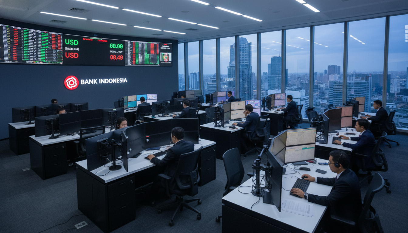 A modern trading floor in Jakarta with high-tech digital screens displaying the Rupiah exchange rate and Bank Indonesia logo, professional financial atmosphere, photorealistic, 8k resolution.