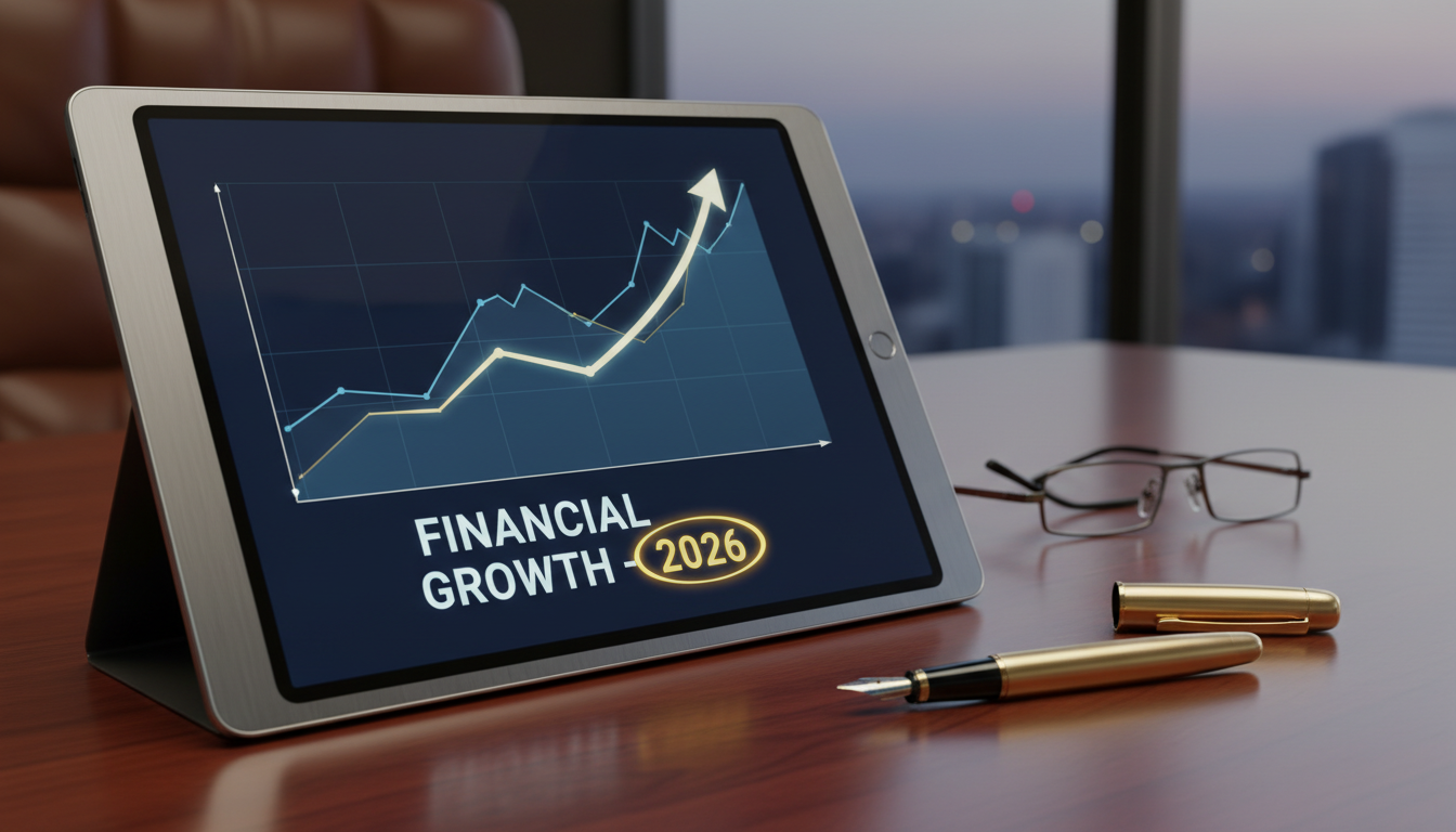 A professional close-up of a high-end digital tablet displaying a detailed financial growth chart with the year 2026 clearly highlighted, placed on a mahogany desk alongside a luxury fountain pen.