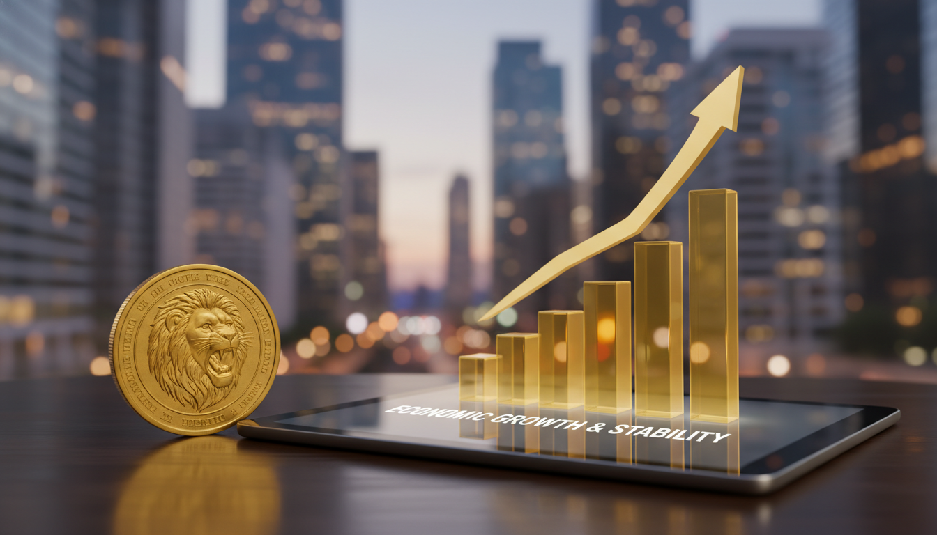 A detailed close-up of a physical gold coin and a digital tablet showing a stylized 3D bar chart trending upwards, representing economic stability and growth, soft bokeh background of a business district, 8k resolution.