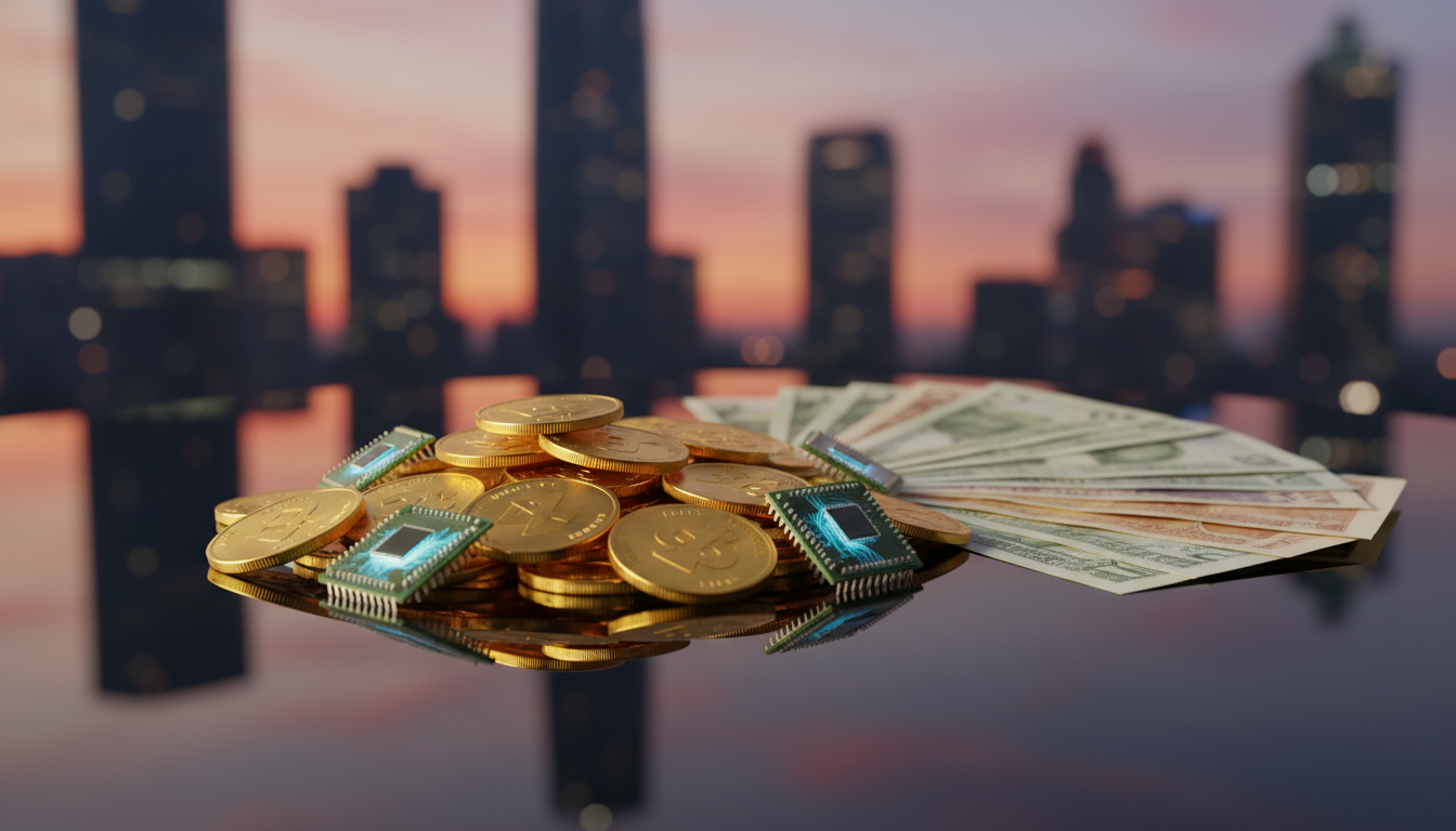 A detailed, photorealistic close-up of a physical representation of global currencies such as gold coins, digital microchips, and crisp banknotes arranged artistically on a polished glass surface with a blurry background of a metropolitan city skyline at sunset.