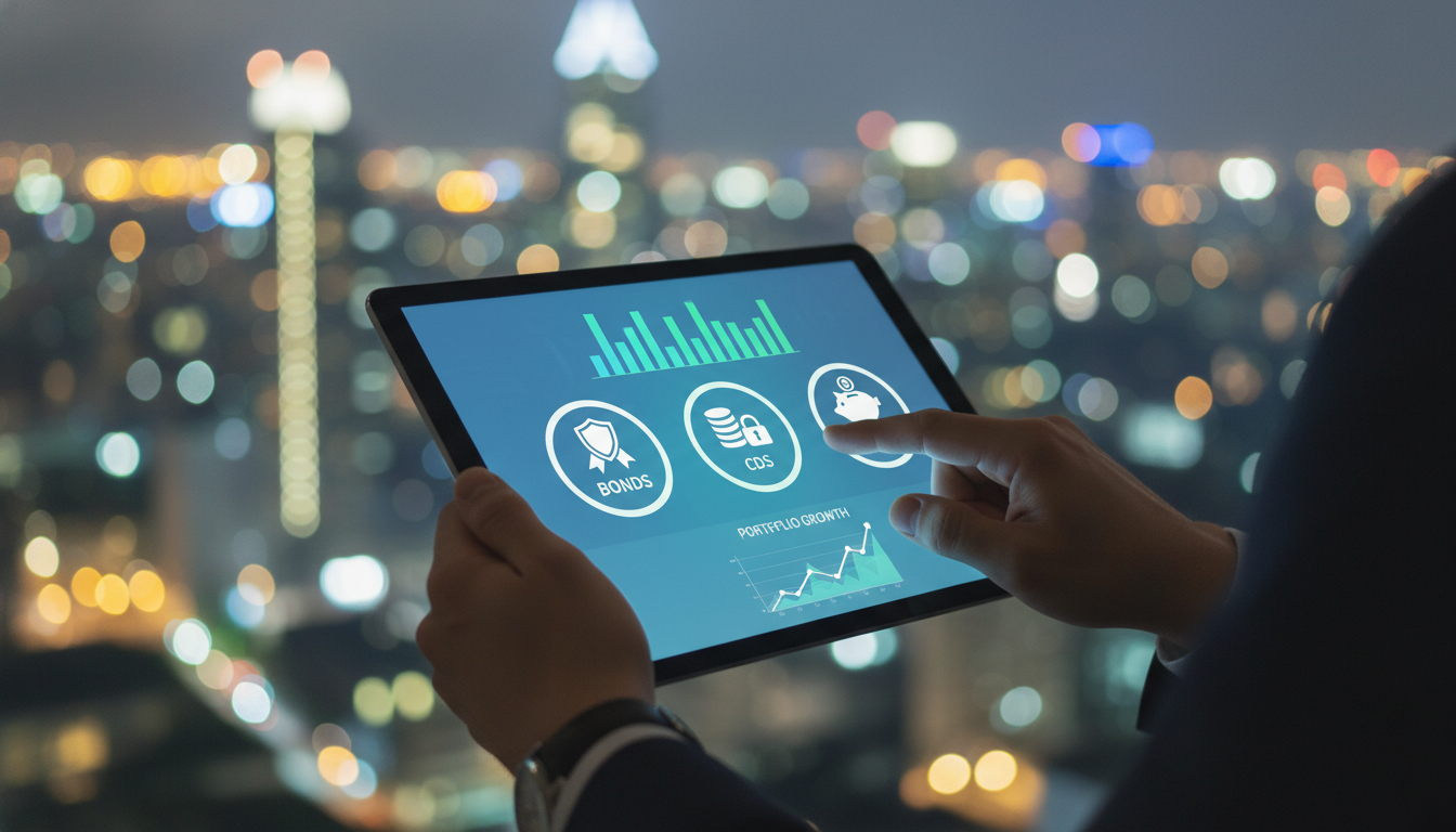 A detailed close-up shot of a person's hands using a tablet to manage a digital investment portfolio, with clear icons for bonds, CDs, and savings accounts, in a professional setting with bokeh city lights in the background.