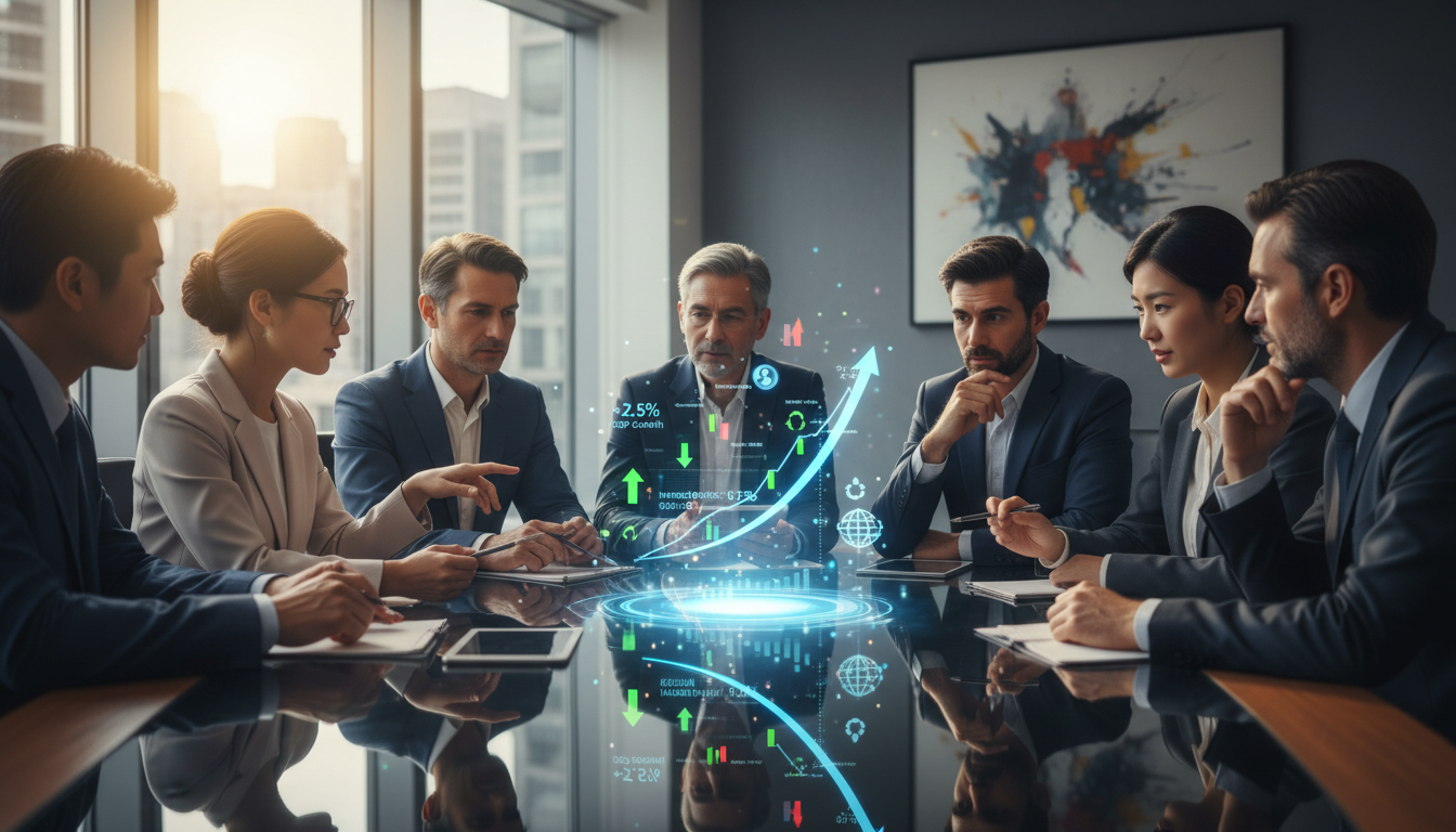 A professional close-up of a diverse group of economists in a modern, sunlit boardroom, analyzing a 3D holographic projection of a rising liquidity trend graph and global economic indicators.