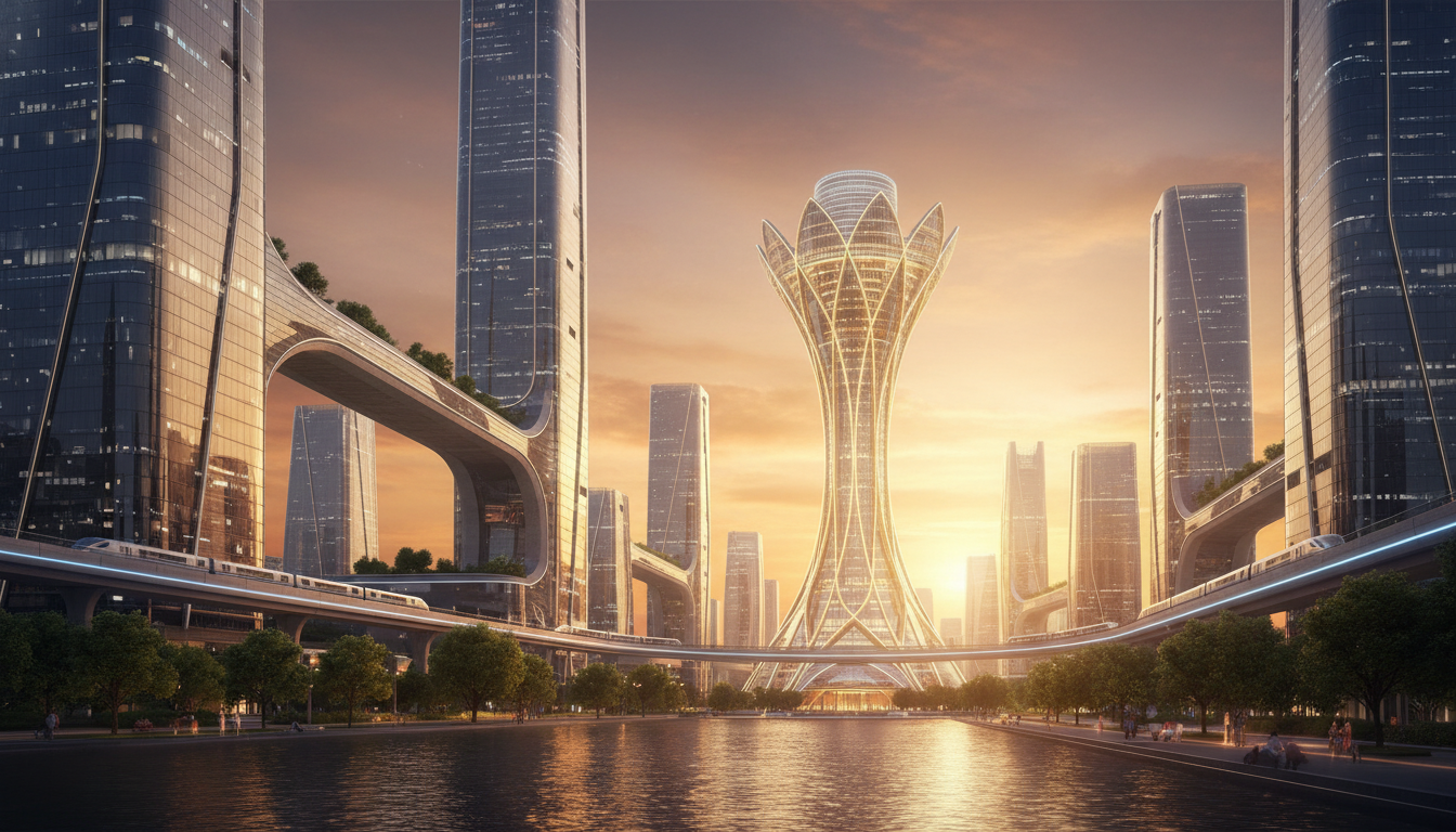 A photorealistic, professional landscape of a futuristic financial district at sunset, symbolizing a stable and mature economic environment with glass skyscrapers reflecting a golden sky.