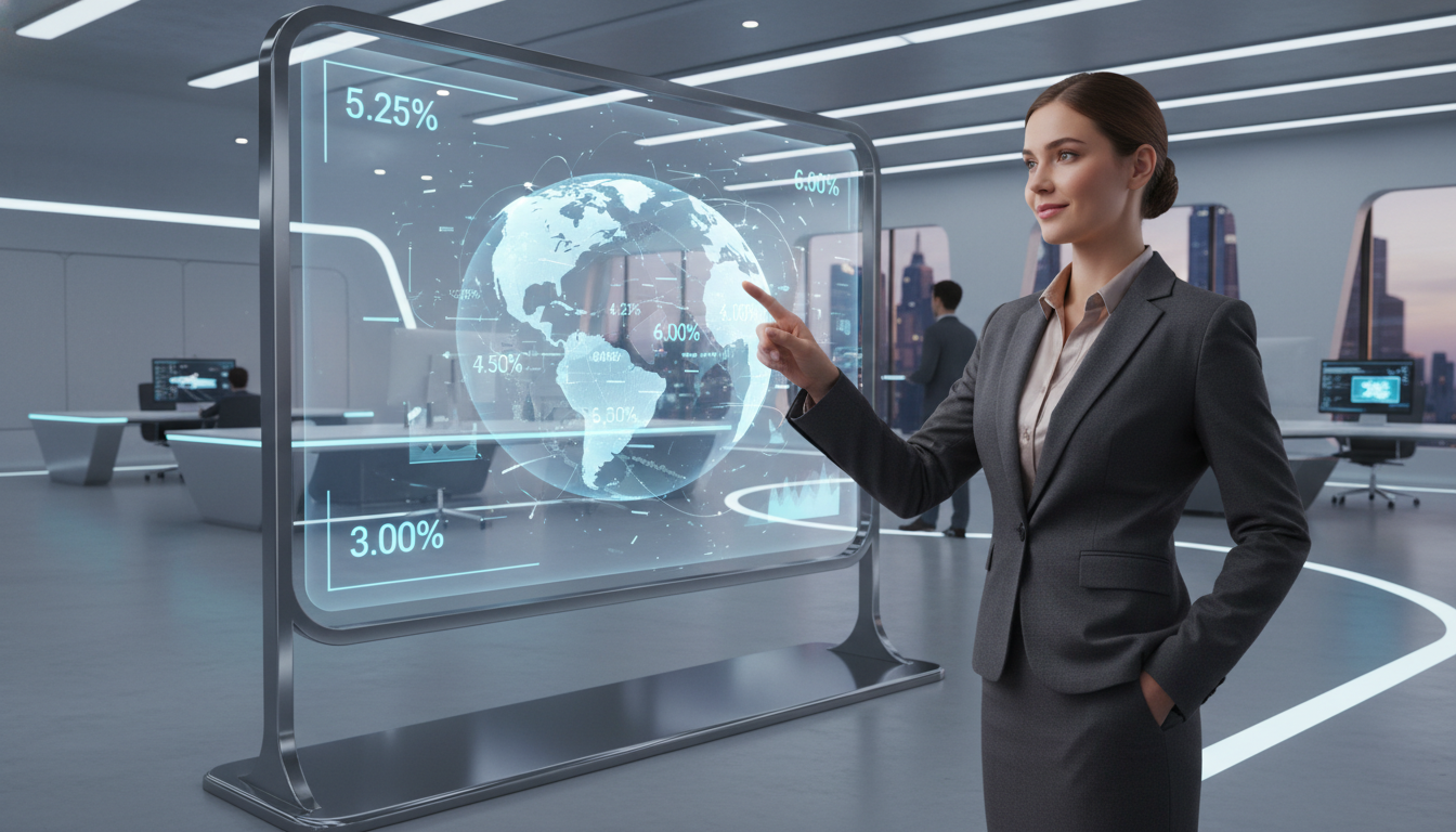A professional business consultant in a dark suit pointing at a large transparent glass display showing a 3D hologram of a global map with interest rate percentages over different continents, futuristic office setting, realistic textures.