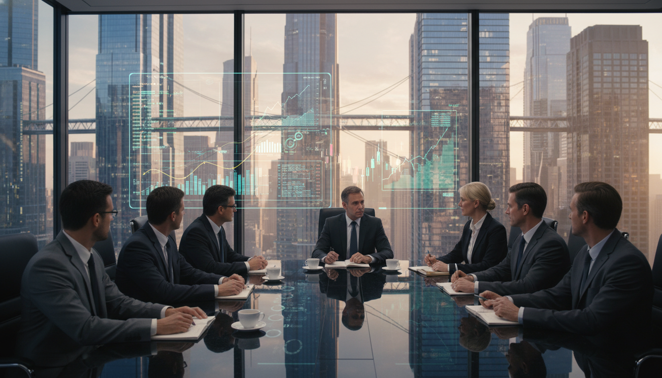 A photorealistic image of a corporate boardroom meeting in a sleek skyscraper overlooking a futuristic financial district, with diverse professionals in suits discussing financial data projected onto a high-tech glass wall.