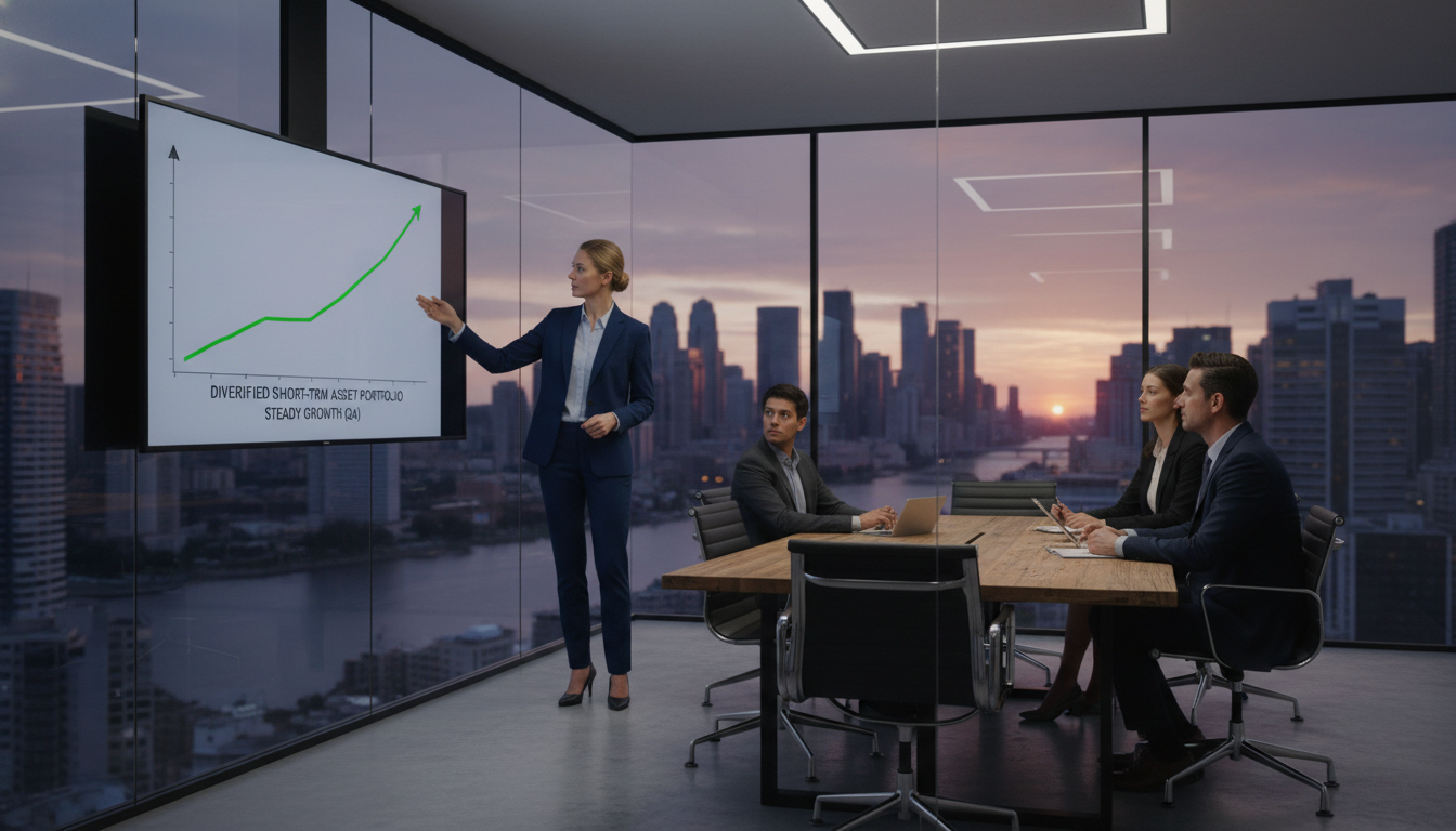 A high-resolution, photorealistic image of a financial advisor pointing at a graph on a large wall-mounted screen in a modern glass-walled boardroom, showing a steady upward trend in a diversified short-term asset portfolio.